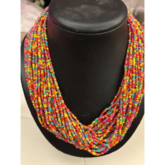 Vintage Rainbow Beaded Torsade Necklace Multi-Strand Statement Y2K - Picture 4 of 8